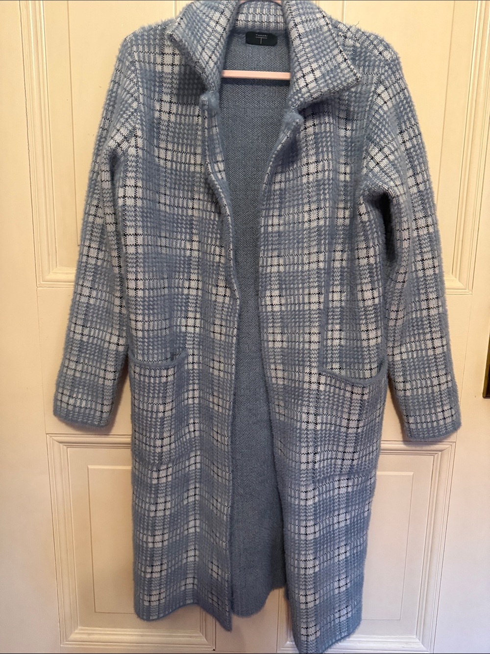 Tahari Blue Plaid Open Front Long Sweater Coat
